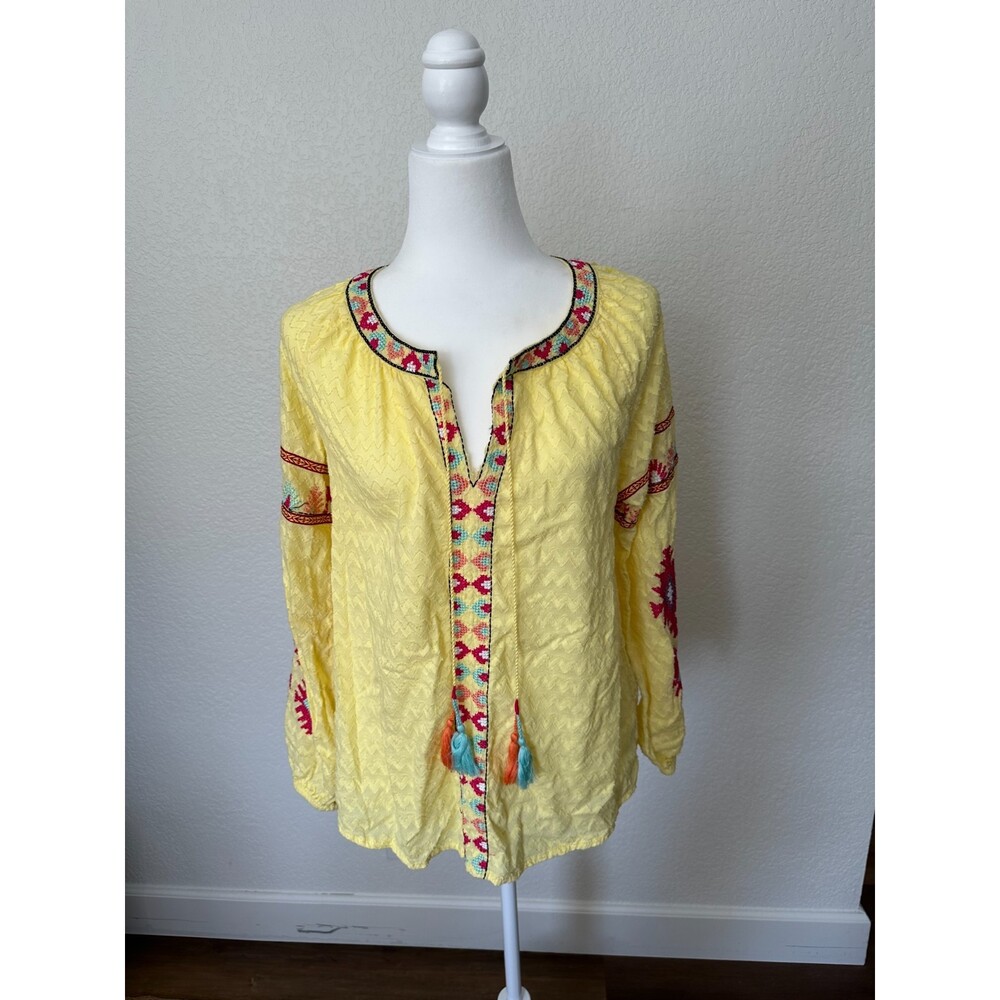 Soft Surroundings Yellow Red Embroidered Tassel Boho Long Sleeve Blouse Medium